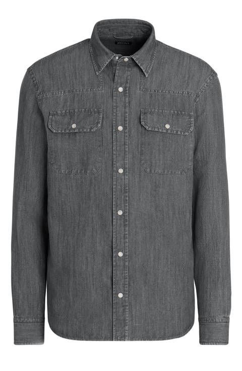 Cotton & Linen Chambray Snap-Up Shirt