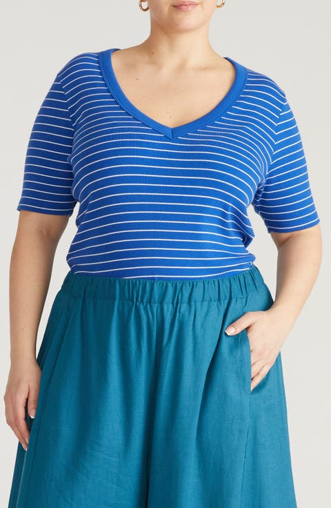 V-Neck Elbow Sleeve Cotton T-Shirt (Plus)