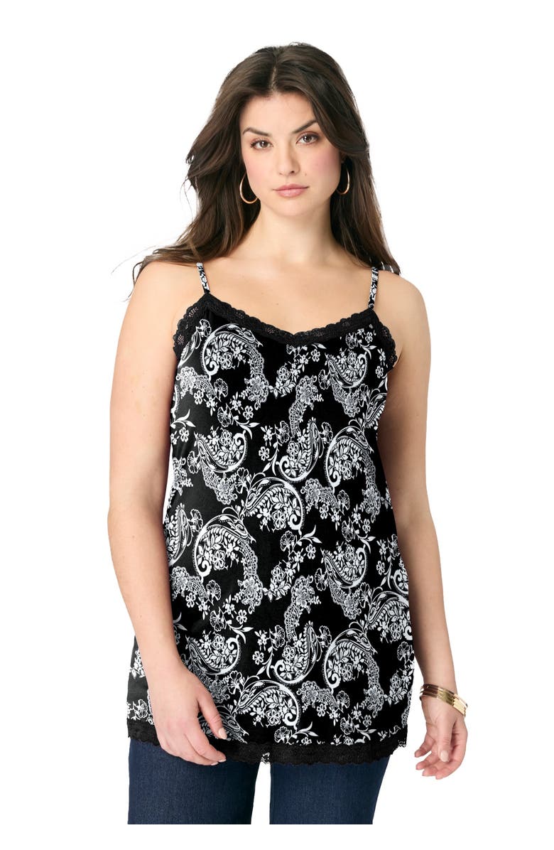 Roaman's Lace Trim Knit Cami with Adjustable Straps, Main, color, Black Lace Paisley