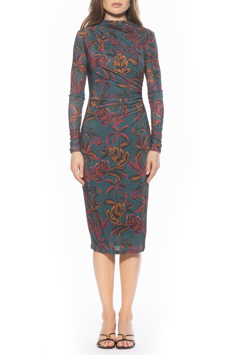 Alexia Admor Kim Bodycon Long Sleeve Midi Dress, Main, color, Emerald Multi