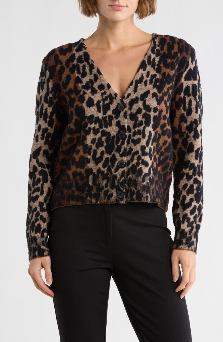 DKNY Jeans Long Sleeve Leopard V-Neck Cardigan, Main, color, Brown Leopard Print