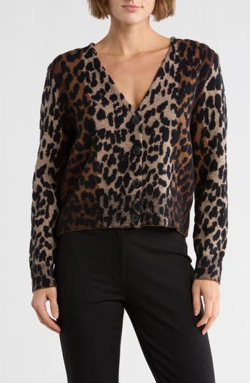 Dkny Jeans Long Sleeve Leopard V-neck Cardigan In Multi