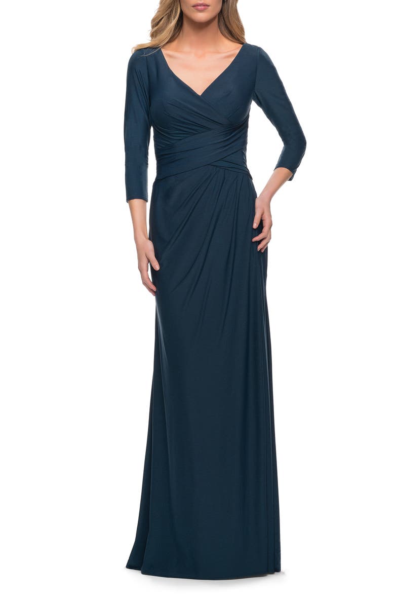 La Femme Ultra Soft Jersey Long Dress with Three-Quarter Sleeves, Main, color, Dark Teal