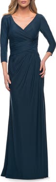 La Femme Ultra Soft Jersey Long Dress with Three-Quarter Sleeves