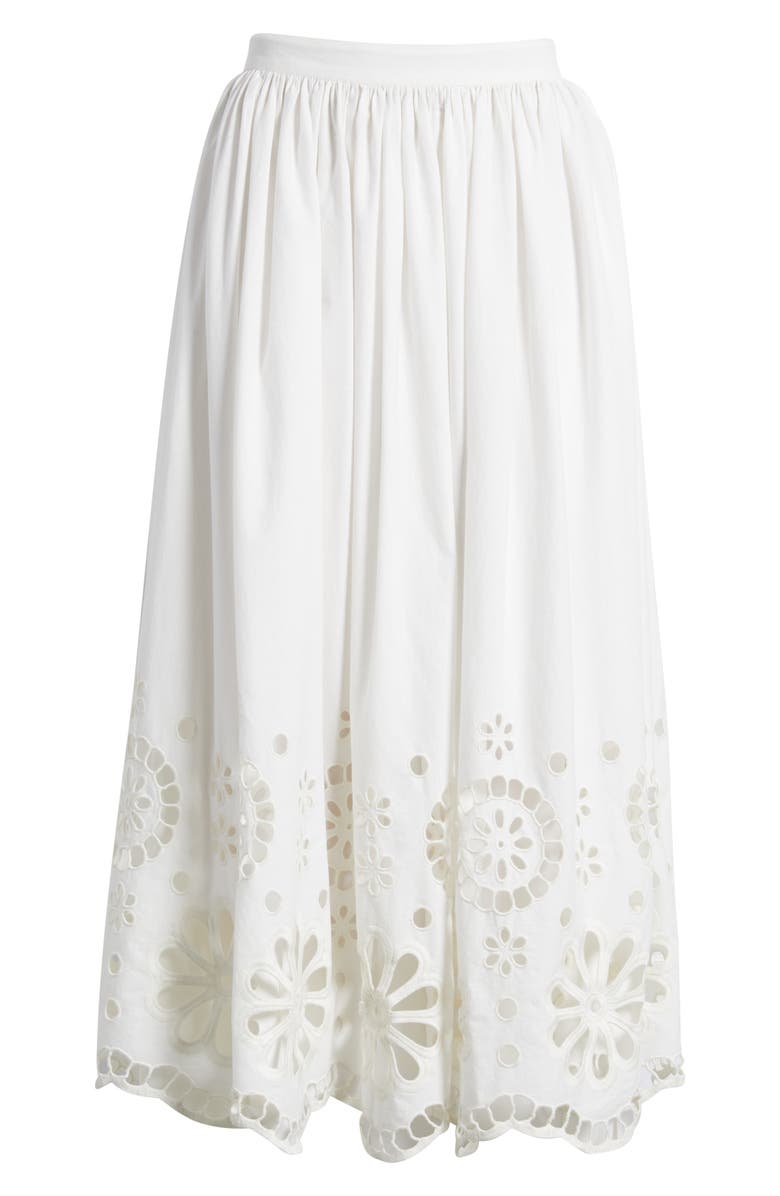 THE GREAT. The Super Bloom Eyelet Midi Skirt, Alternate, color, White