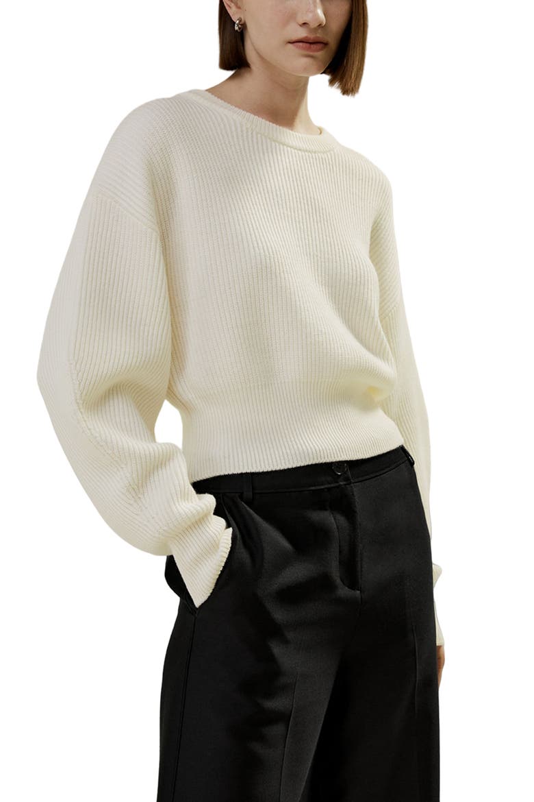 Women's Round Neck Drop-Shoulder Merino Wool Sweater, Main, color, White