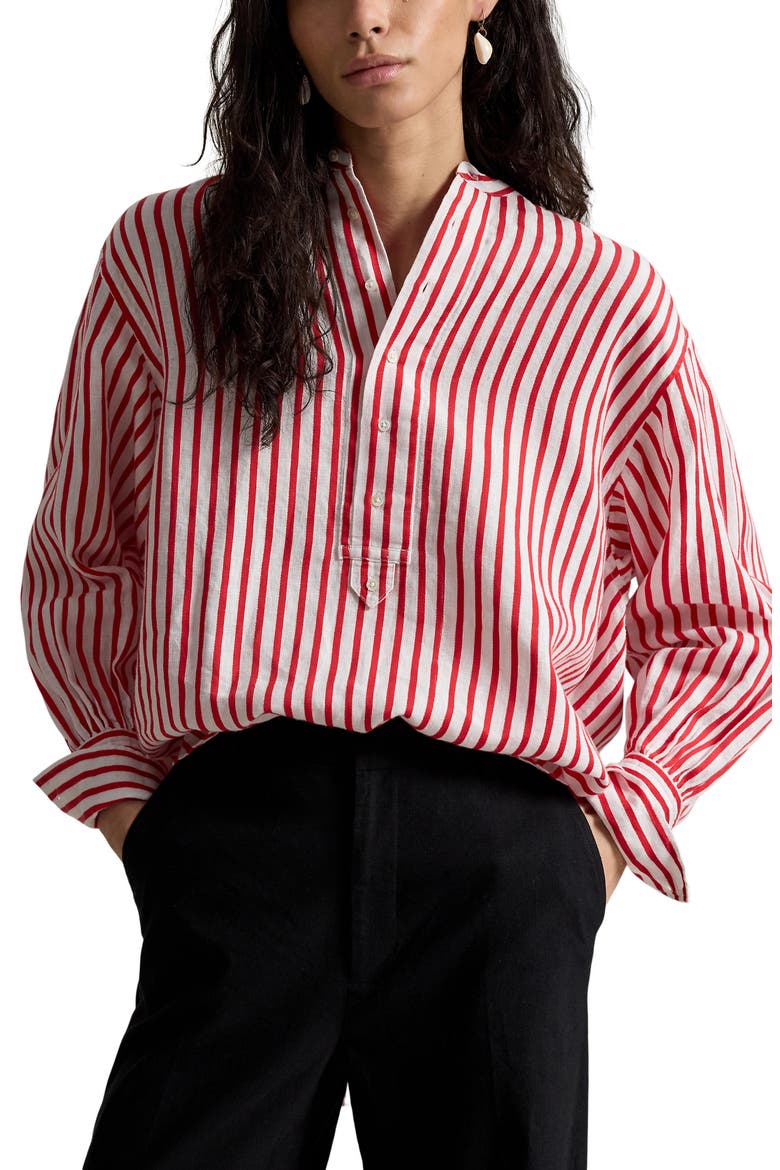 Stripe Linen & Cotton Button-Up Shirt, Main, color, WHITE-RED