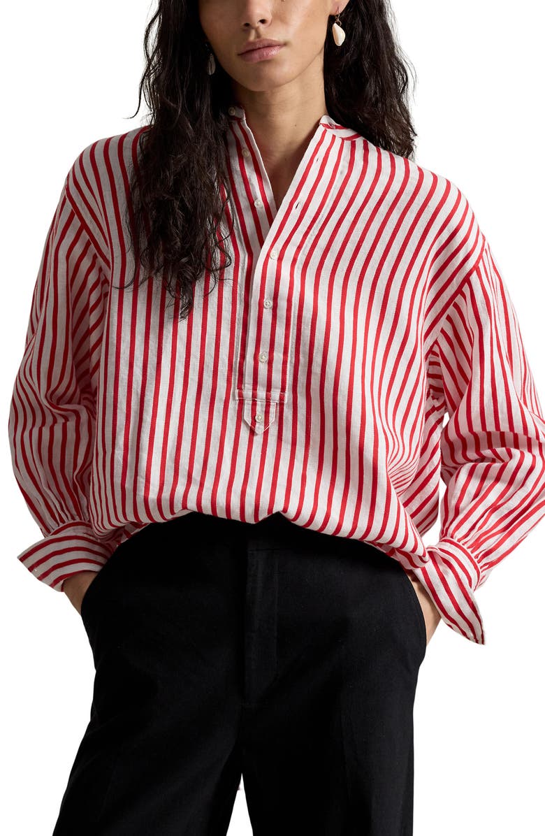 Polo Ralph Lauren Stripe Linen & Cotton Button-Up Shirt, Main, color, White-Red