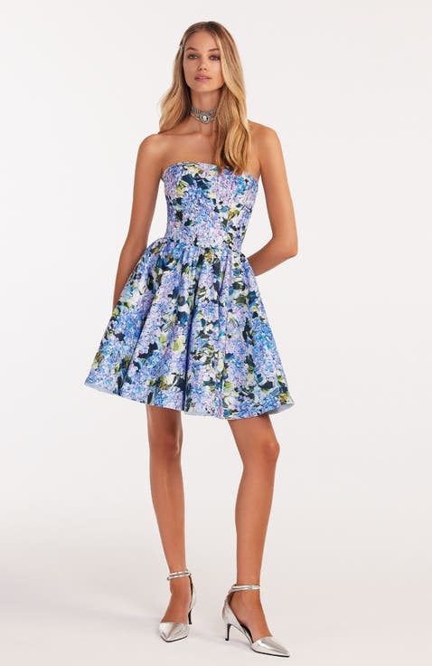 Fitted Corset A-Line Mini Dress in Hydrangea Print for Cocktail Events