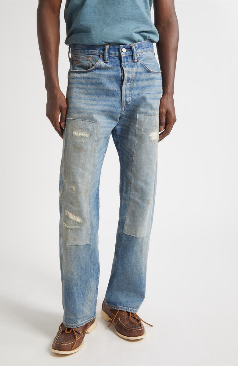 Double RL Straight Fit Rip & Repair Selvedge Jeans, Main, color, Midlands Wash