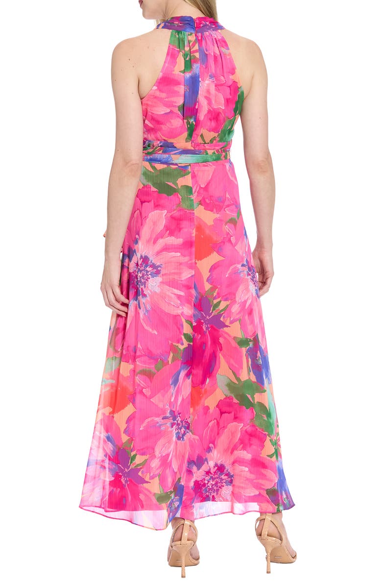 London Times Floral Halter Tie Belt Maxi Sheath Dress, Alternate, color, Peach/ Hot Pink