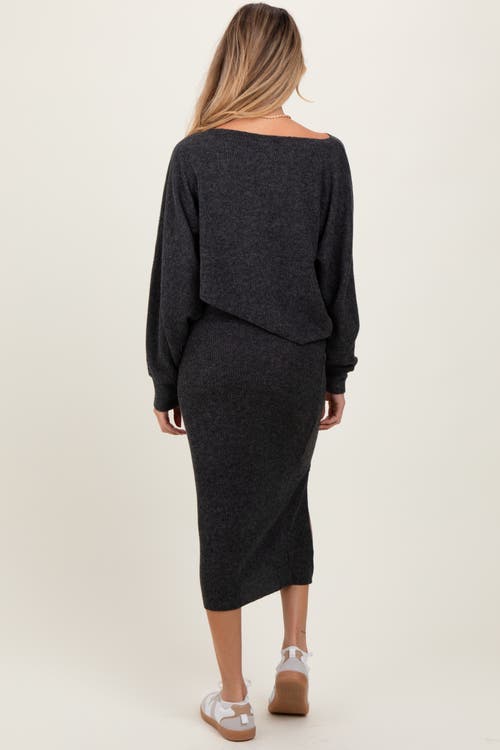 Pinkblush Ribbed Knit Asymmetric Top Midi Skirt Set In Gray