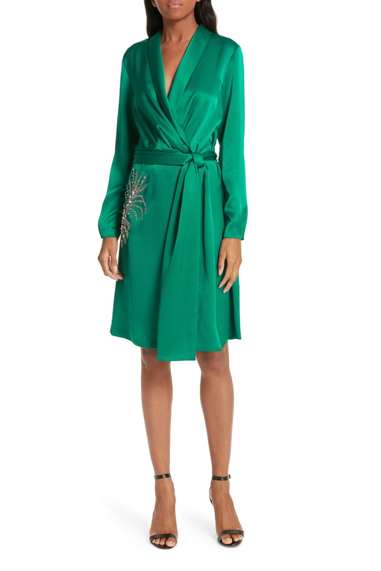 Janeiro Satin Wrap Dress, Main, color, VERT
