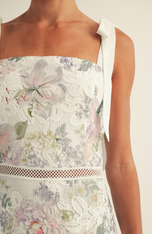 Arose Studio Madison Floral Lace Tie Strap Sleeveless Midi Dress In White Multi