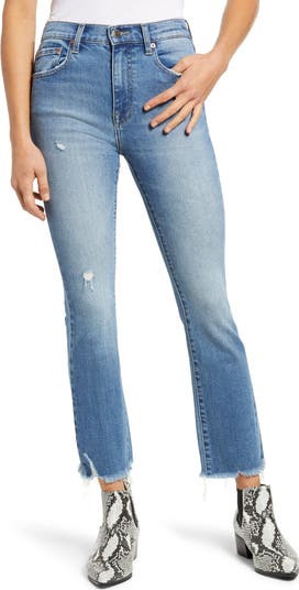 Distressed High Waist Chew Hem Crop Bootcut Jeans