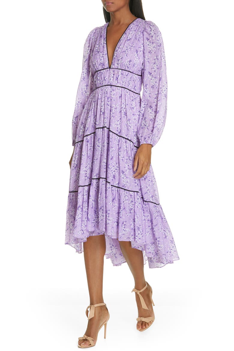Joan Floral Print Cotton & Silk Midi Dress, Alternate, color, LILAC