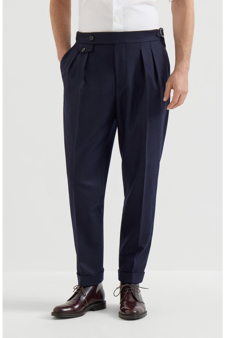 Virgin wool flannel trousers in twisted cotton gabardine with double pleats and waist tabs, Main, color, Blue