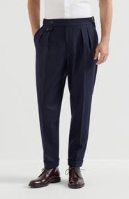 Brunello Cucinelli Virgin wool flannel trousers in twisted cotton gabardine with double pleats and waist tabs