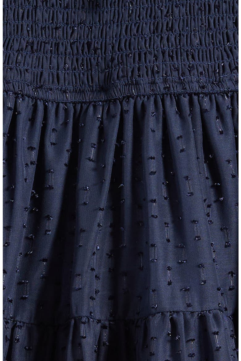 Kids' Metallic Smocked Bodice Long Sleeve Clip-Dot Chiffon Party Dress, Alternate, color, NAVY