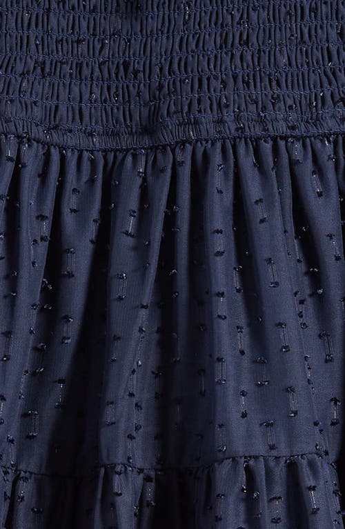 Ava & Yelly Kids' Metallic Smocked Bodice Long Sleeve Clip-dot Chiffon Party Dress In Blue