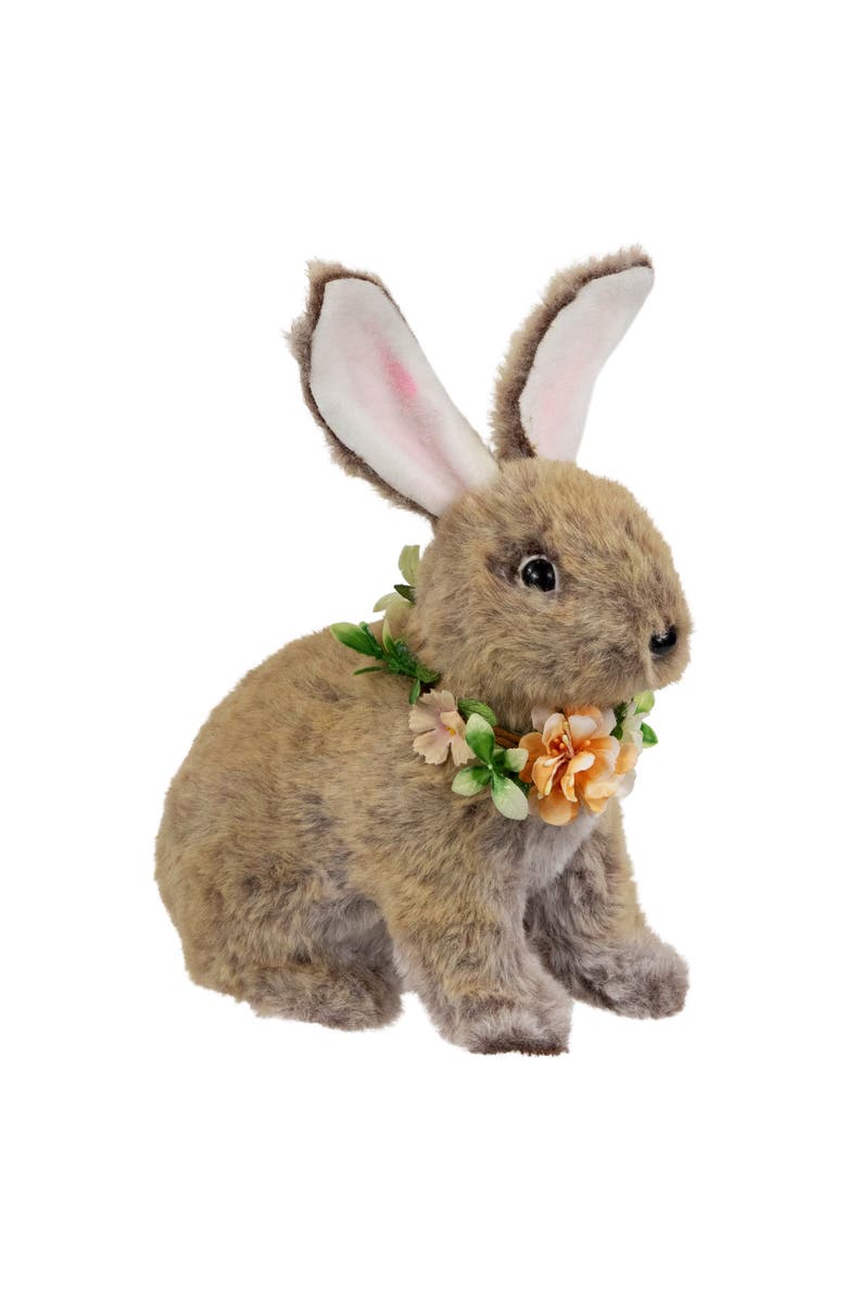 Northlight Plush Rabbit with Flower Wreath Easter Figurine - 8.5", Main, color, Brown