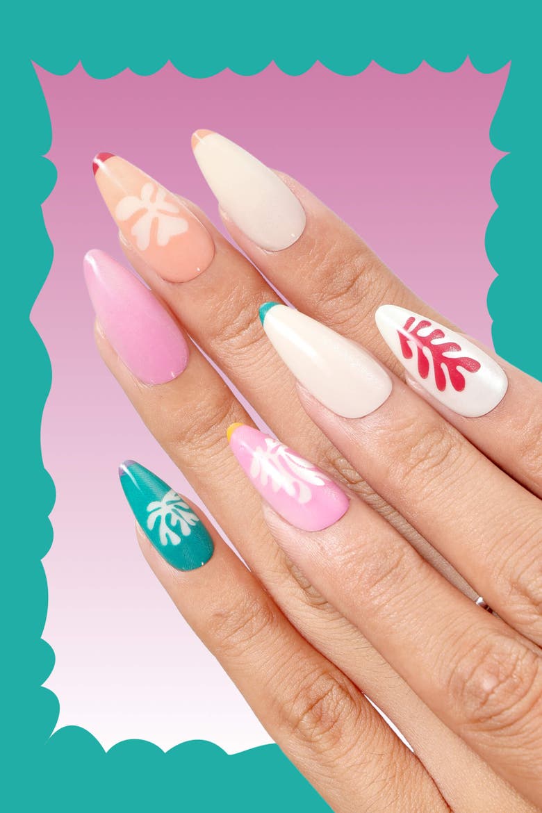Henri Matisse Snow Flowers Almond Press On Nails, Alternate, color, Vibrant Pink