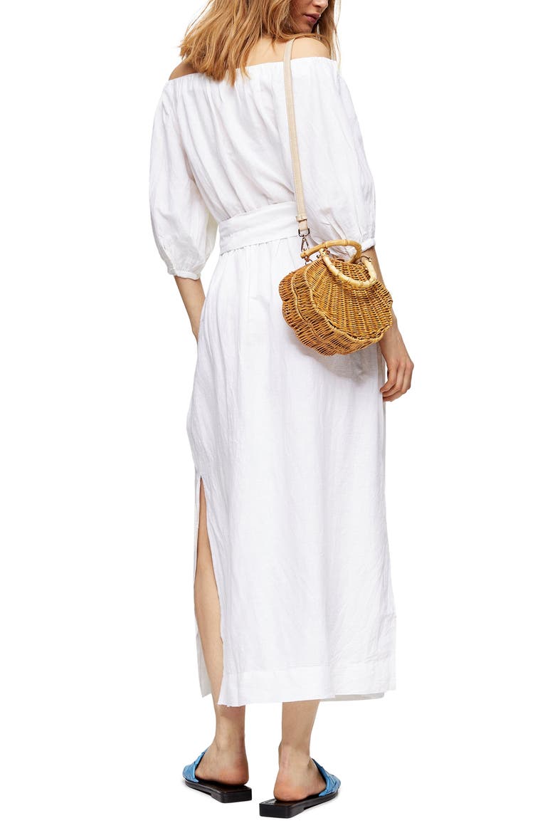 Off the Shoulder Linen Blend Midi Dress, Alternate, color, IVORY