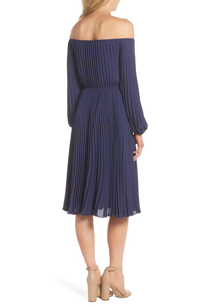 Elise Off the Shoulder Pleated Georgette Dress, Alternate, color, NAVY W/ SELF PIPING