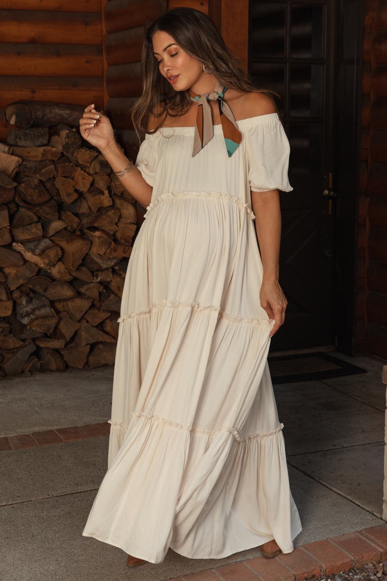 Off Shoulder Ruffle Tiered Maxi Dress, Alternate, color, Cream