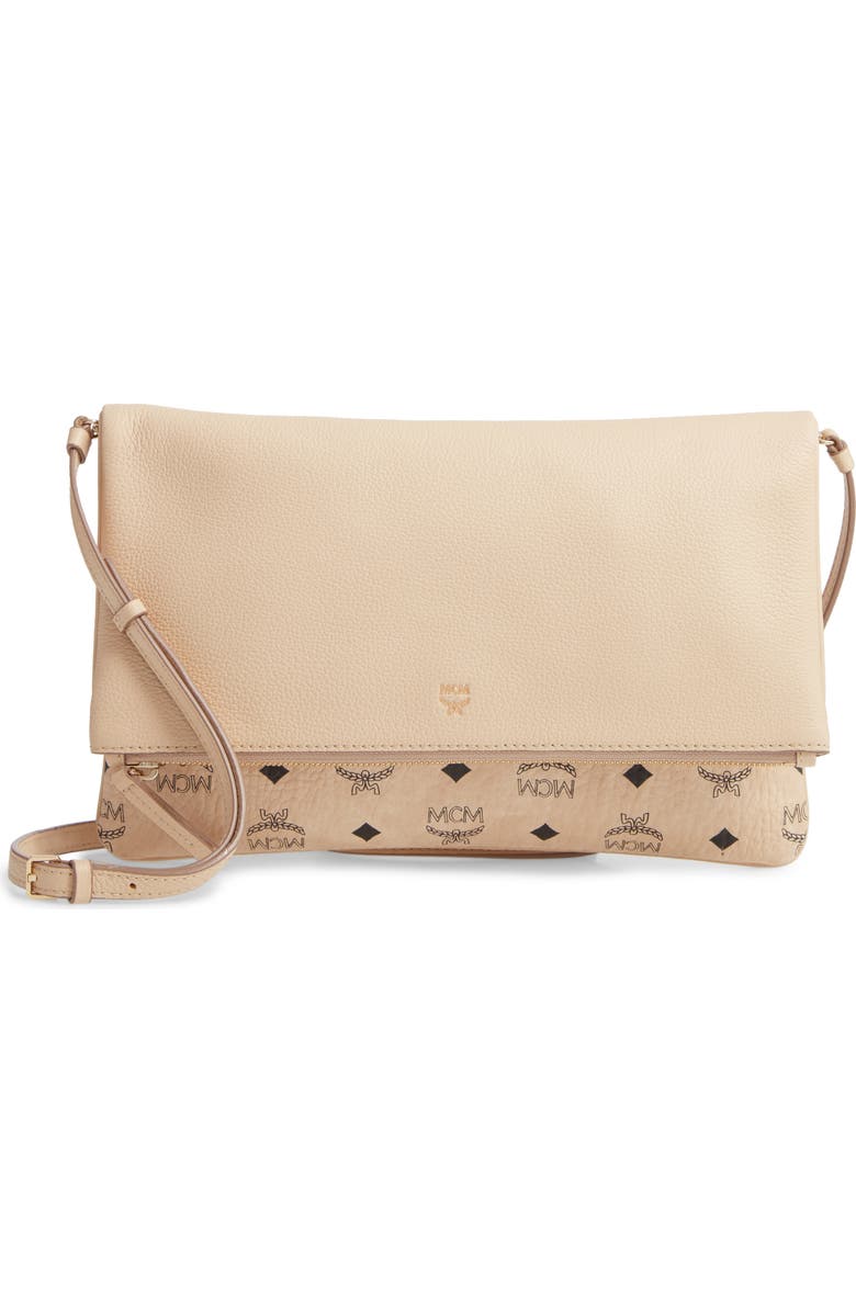 MCM Corina Leather & Visetos Canvas Foldover Crossbody Bag, Main, color,