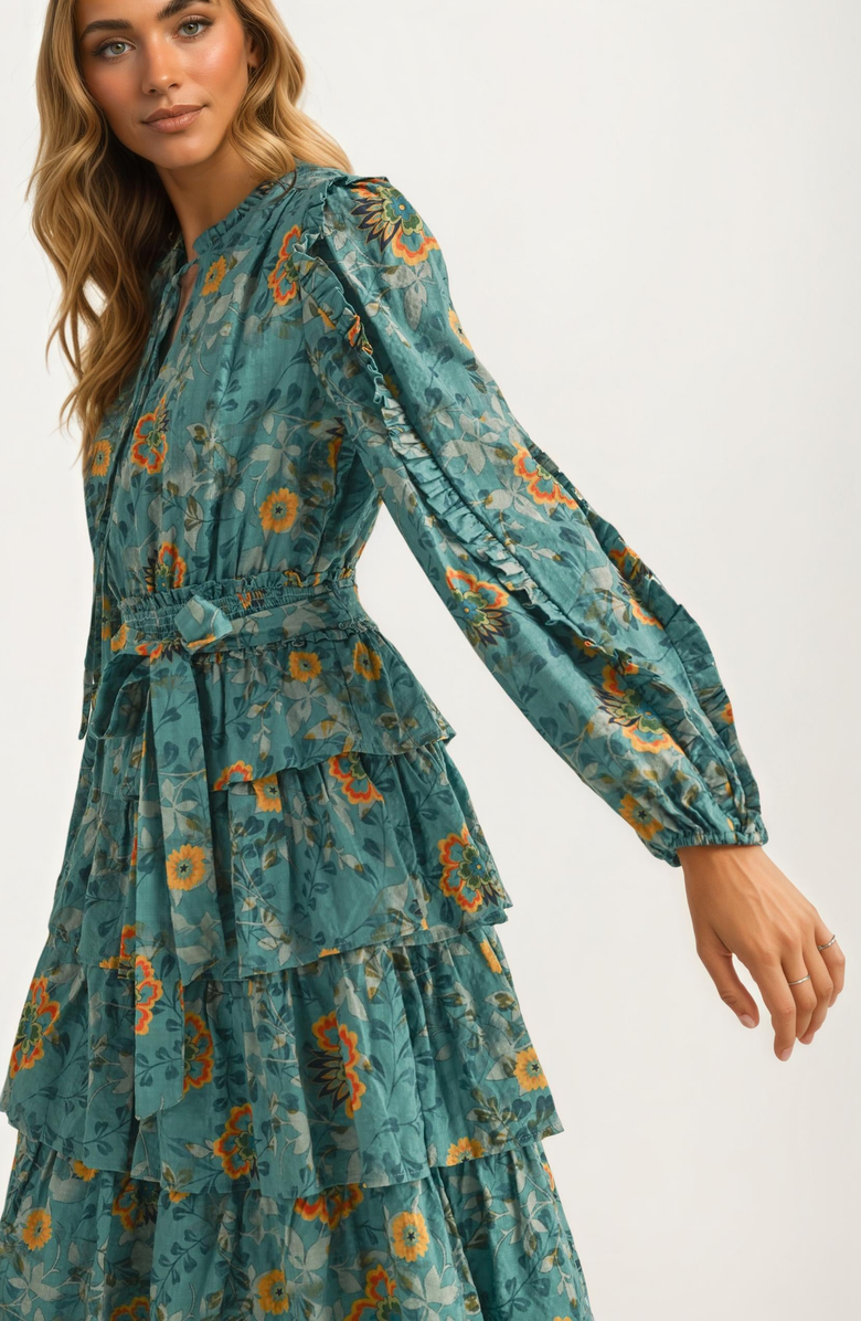 Knit and Lounge Tiered Ruffle Midi Dress with Belted Waist, Alternate, color, 