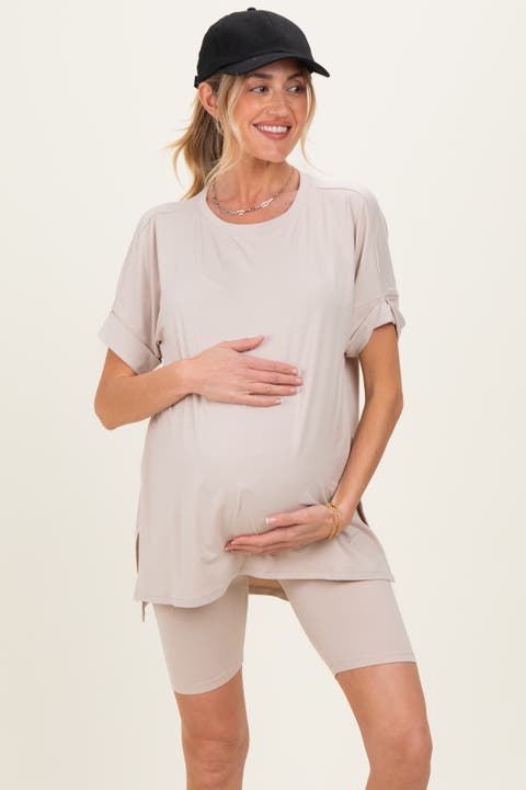 Beige Hi-low Short Sleeve Tee Biker Short Set