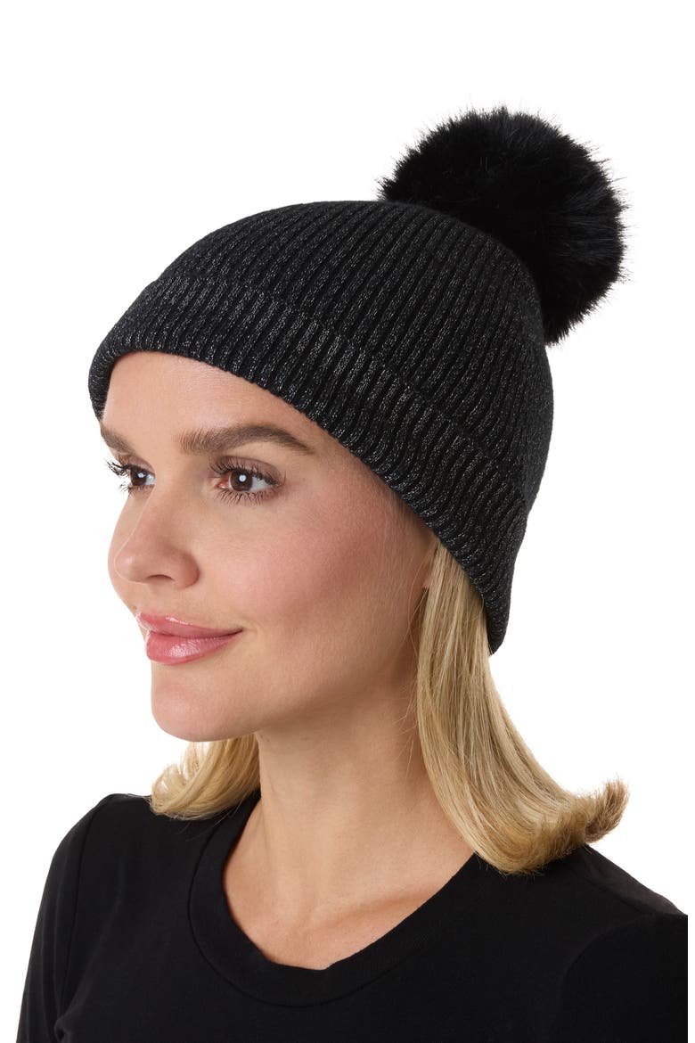 Lurex® Rib Cashmere Beanie with Faux Fur Pom, Alternate, color, BLACK