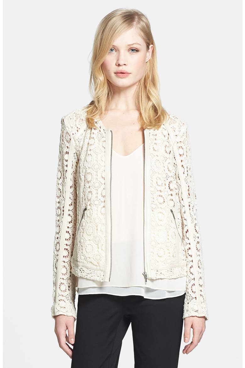 Faux Leather Trim Crocheted Jacket, Main, color, SAND SHELL