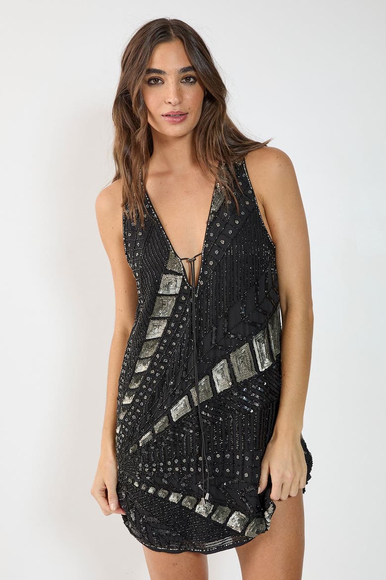 Plunge Sequin Mini Dress, Main, color, Black