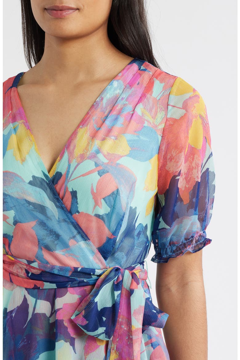 Floral Shadow Stripe Short Sleeve Faux Wrap Dress, Alternate, color, SEAFOAM MULTI