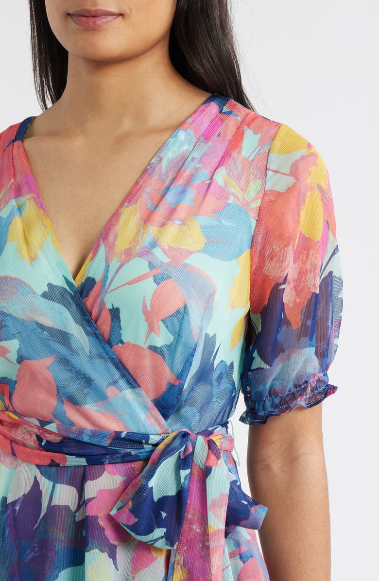 Tahari ASL Floral Shadow Stripe Short Sleeve Faux Wrap Dress, Alternate, color, Seafoam Multi