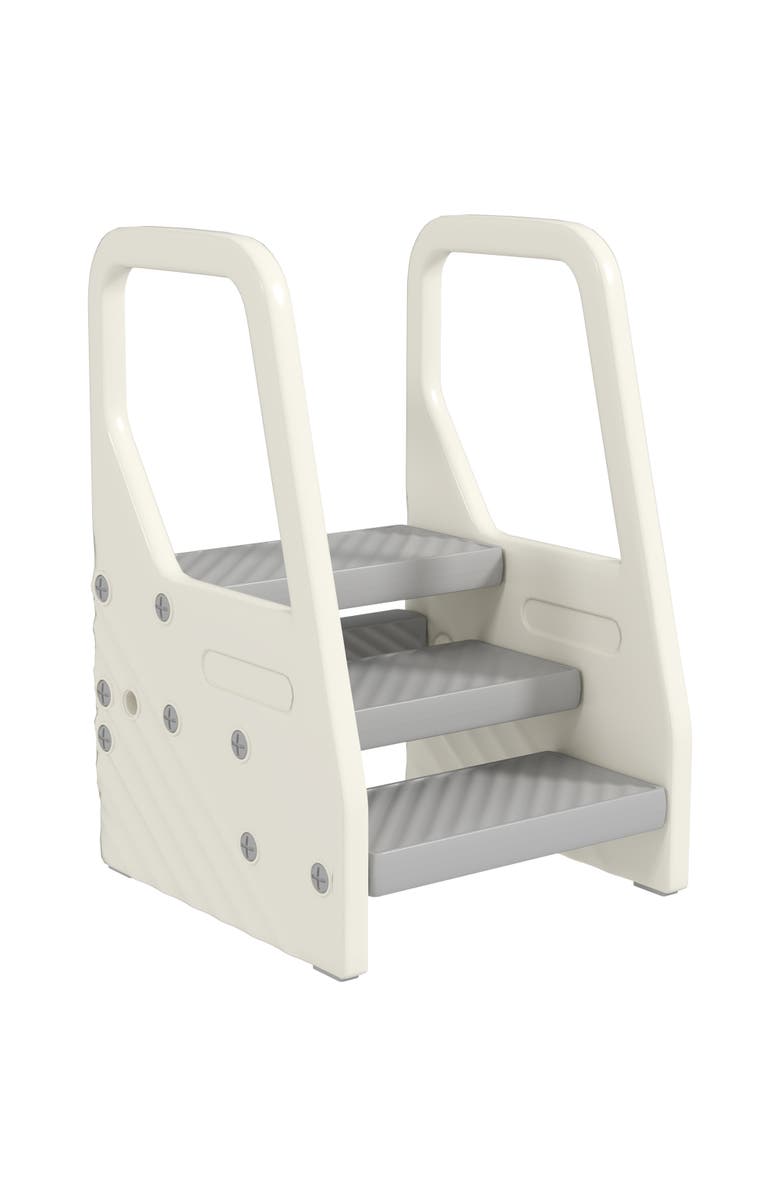 Qaba 3-Step Kids Kitchen Stool Helper, Handles, Non-slip Surface, Foot Pads, Main, color, Gray