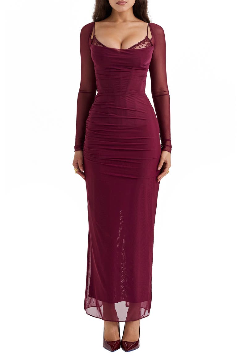 Katrina Lace Mesh Long Sleeve Gown, Main, color, WINDSOR WINE