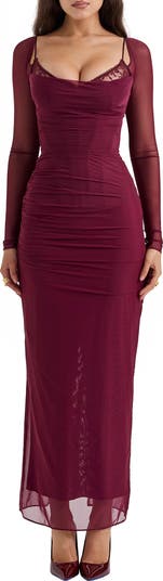 Katrina Lace Mesh Long Sleeve Gown