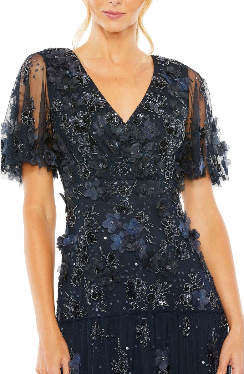 Mac Duggal Women's Floral Appliqué Embellished Flutter Sleeve Midi Dress, Alternate, color, Midnight
