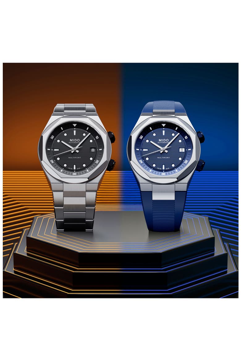 Multifort 8 Two Crowns Automatic Rubber Strap Watch, 40mm, Alternate, color, BLUE