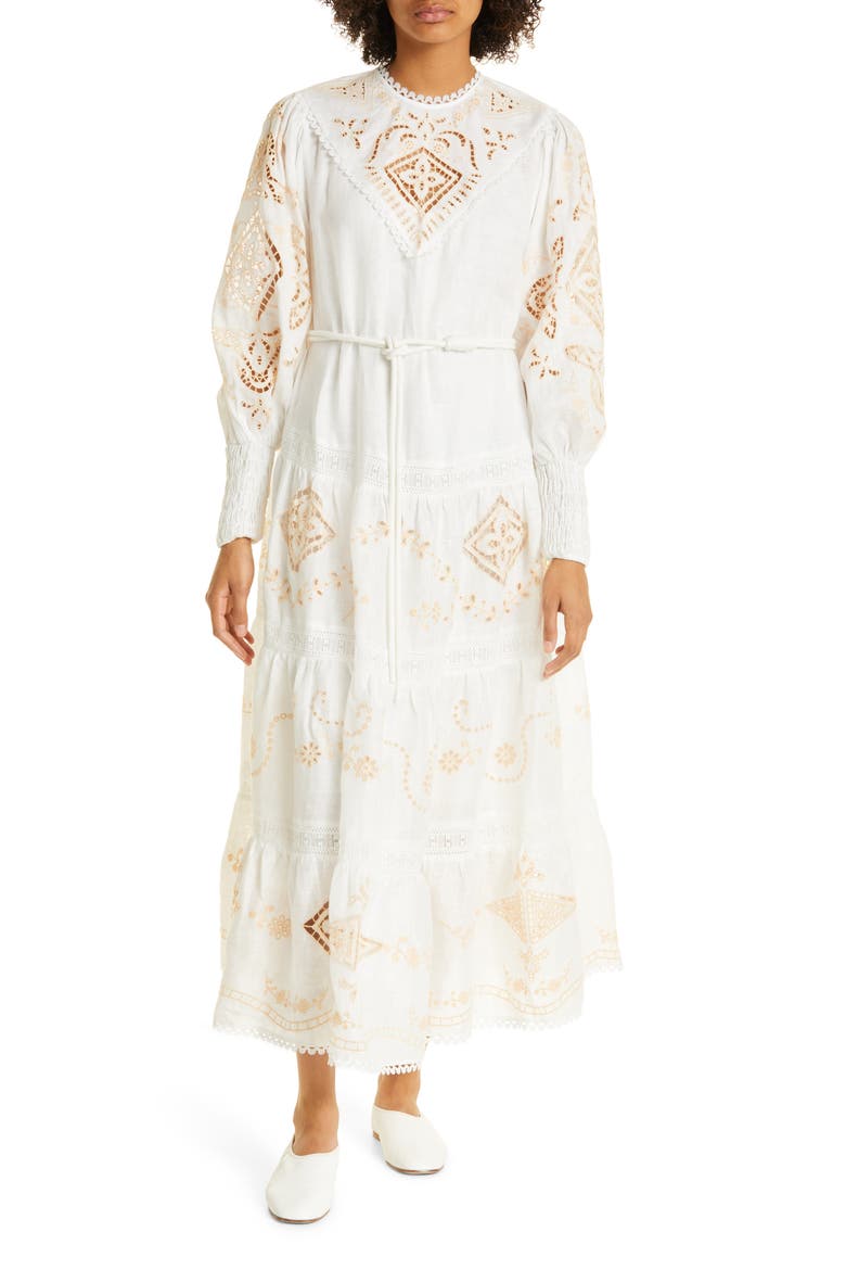 Cecilia Embroidered Tiered Linen Dress, Main, color, IVORY