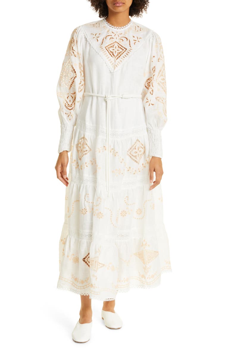 ALEMAIS Cecilia Embroidered Tiered Linen Dress, Main, color, 