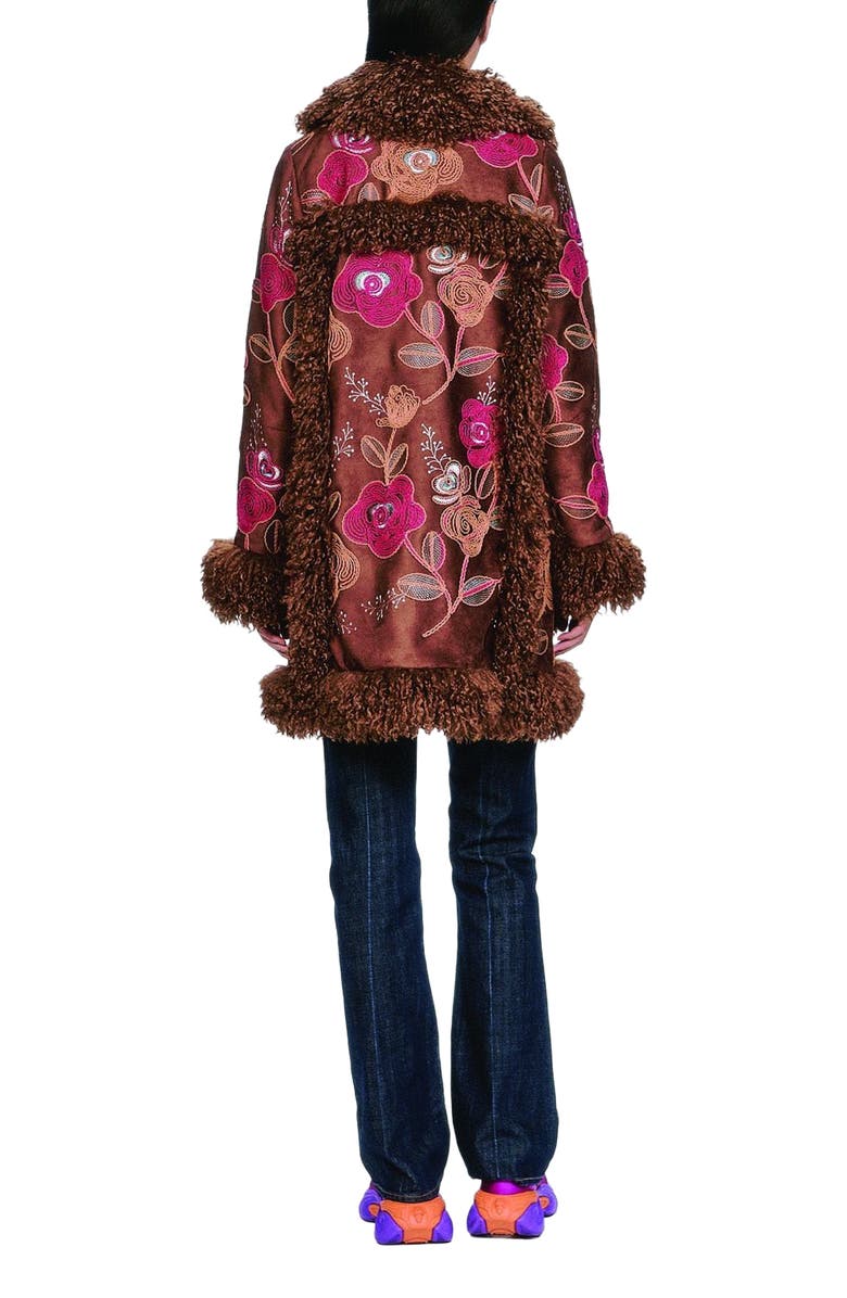 Anna Sui Poiret Rose Embroidered Faux Suede Faux Fur Trim Coat, Alternate, color, Caramel Multi