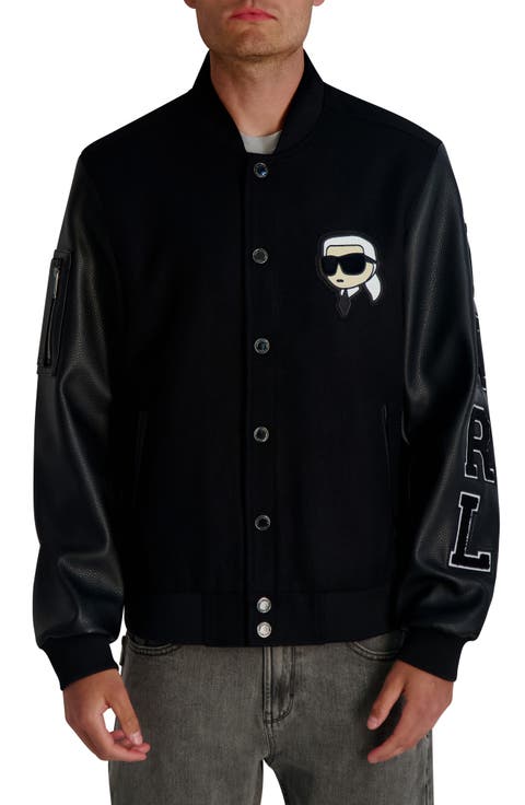 Karl Faux Leather Sleeve Varsity Bomber Jacket