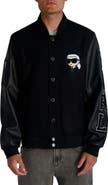 KARL LAGERFELD PARIS Karl Faux Leather Sleeve Varsity Bomber Jacket