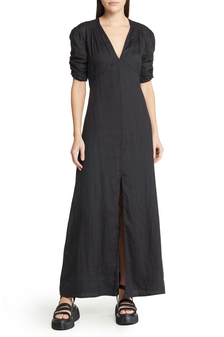 Shirred Ramie Maxi Dress, Main, color, NOIR