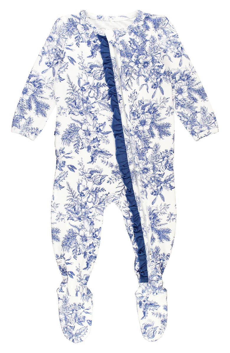 RuffleButts Winter Bliss Ruffle Fitted Footie Pajamas, Main, color, 
