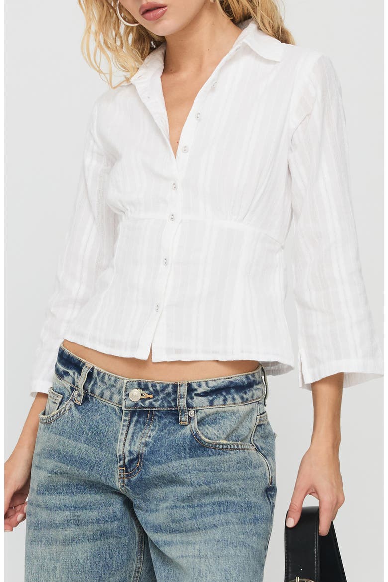 Taelynn Textured Crop Organic Cotton Button-Up Shirt, Main, color, WHITE